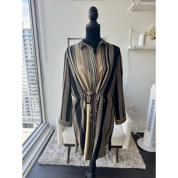 Nordstrom Dresses & Skirts - Nordstrom Tan Black Stripe 3/4 Sleeve Button Front Tie Waist Shirt Dress Size LP